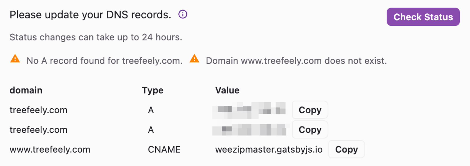  Gatsby Cloude에서 확인할 수 있는 연결 정보. domain을 구매한 곳에 이 값을 입력하여 인증해주어야한다.