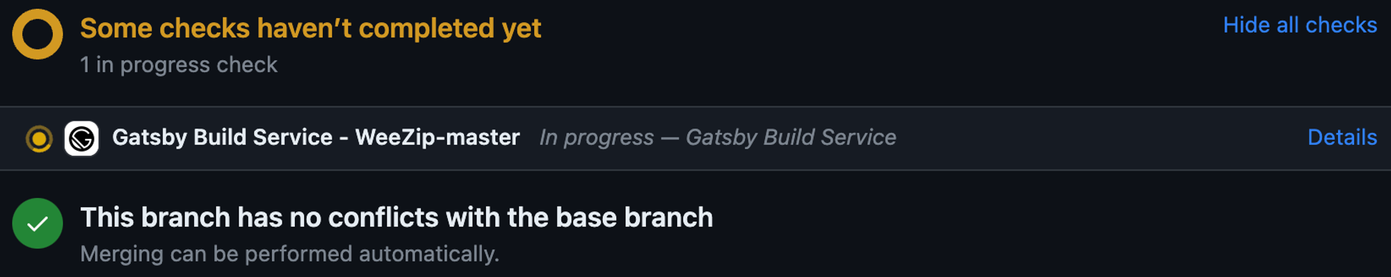  github에 설치한 Gatsby Cloud가 PR 시 자동으로 build 테스트를 진행해준다.